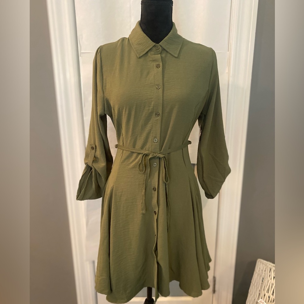 Jolie & Joy by FCT With Love Olive green  Midi Shirt Dress with Tie Waist LARGE